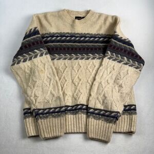 Vintage Structure Mens 100% Wool Cable Knit Fair Isle Sweater Cream‎ Large